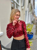 TOP MINKA CROPPED MET PAILLETTEN BORDEAUXROOD